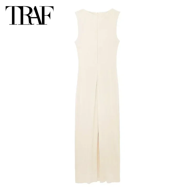 TRAF Women\'s Long Dresses 2024 Summer Elegant Party Evening Knitted Dresses Ladies Fashion Sleeveless Beige Mini Dresses