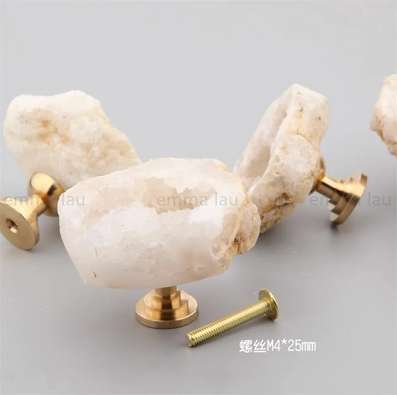 White Crystal Stone Furniture Handle Door Knobs Natural Irregular Rough Brass Handles for Cabinet Kitchen Cupboard Drawer Pulls