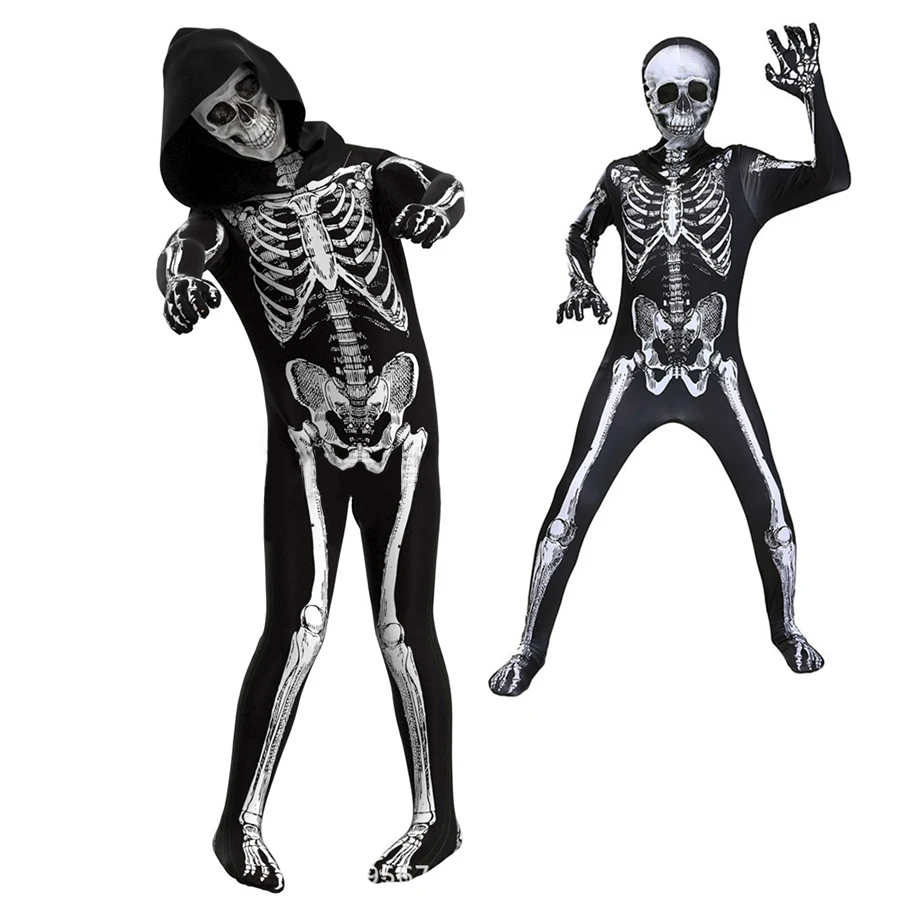 أزياء الهالوين بدلة تنكرية على شكل جمجمة شبح للأطفال والكبار بدلة هيكل عظمي مخيفة قناع الهالوين ملابس كرنفال
