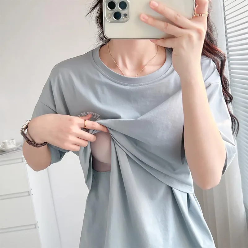 

Pregnant Short Sleeve O-Neck Maternity Cotton Nursing Tees Summer Lactation Top Postpartum Woman Breastfeeding T-Shirt Wholesale