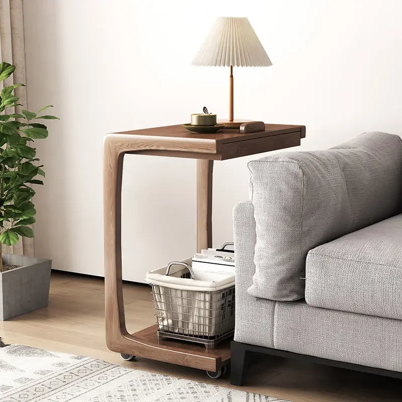 All solid wood sofa, movable U-shaped corner table, bedside table, living room C-shaped small coffee