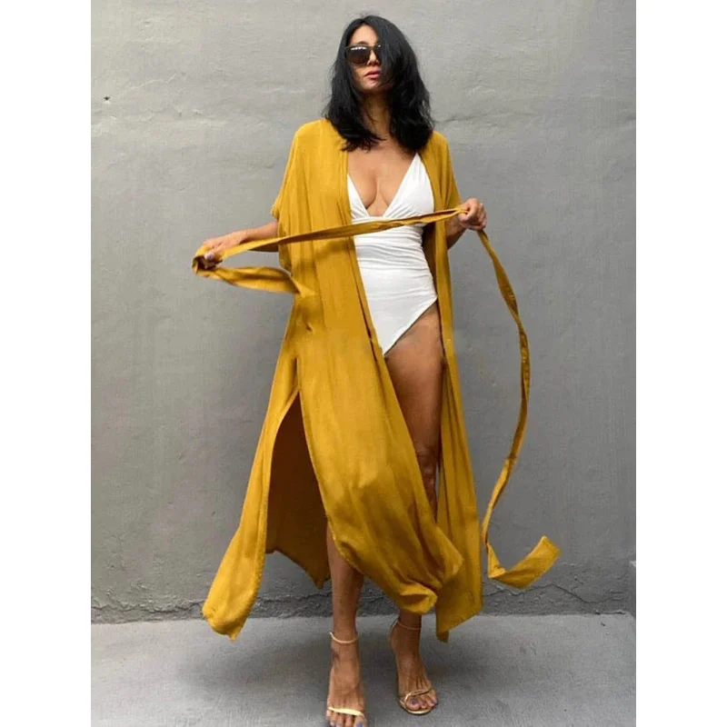 Swimsuit Cover Ups for Women Beach Cape Tunic Kimono Summer Belted Split Wrap Dresses Pareo Holiday Bathing Suits Factory Supply