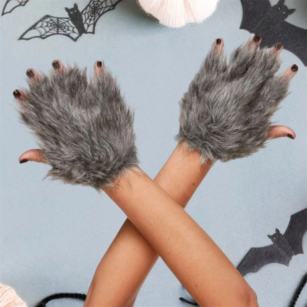 1 Paar graue Wolf-Handschuhe aus weichem Material, Halloween-Kostüm-Handschuhe, haarige Textur, Kostüm-Fäustling