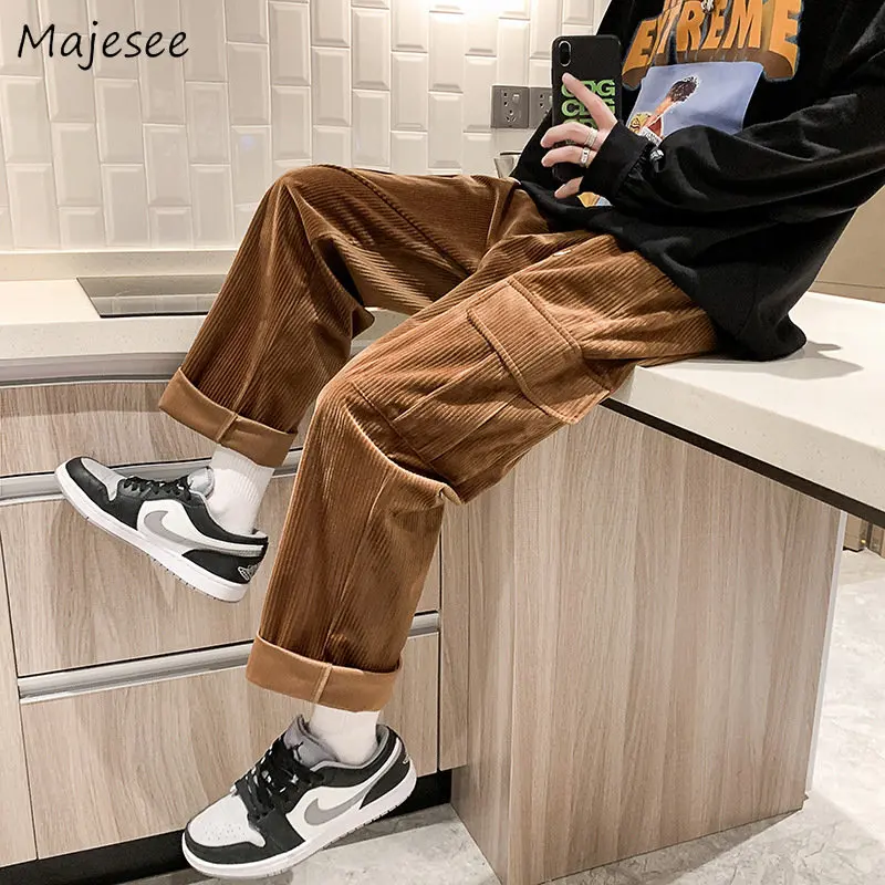 

Corduroy Cargo Pants Men Casual American Multi Pockets Handsome Japanese Teens All-match Retro Pantalones Trouser Fashion Autumn