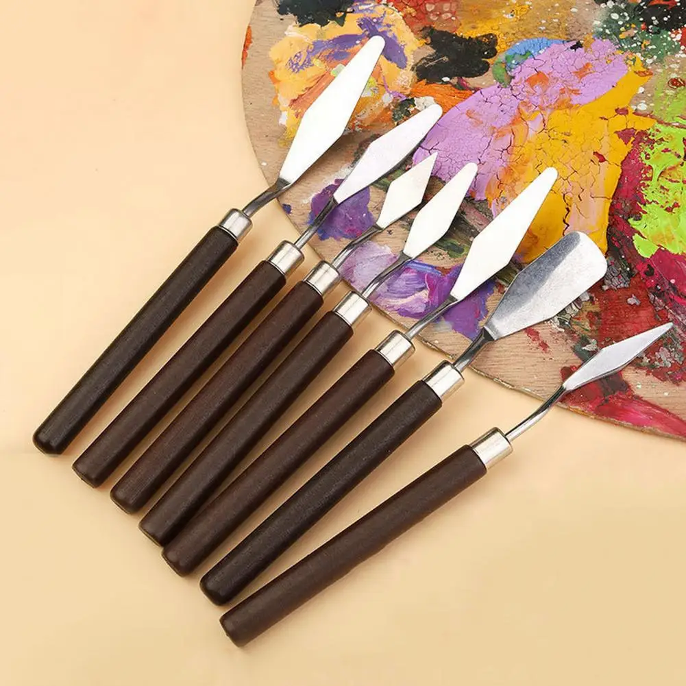 7Pcs Painting Spatula Kit with Wooden Handle Stainless Steel Oil Painting Art Palette Color Mixing Scraper Painting Accessories