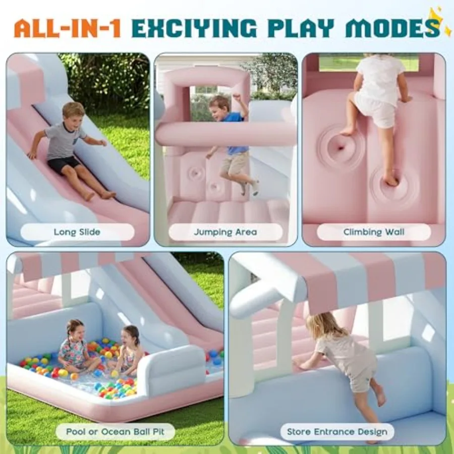 Inflatable Bounce House for indoor outdoor use, PVC material, pastel color, includes water slide, jumping area, climbing wall a