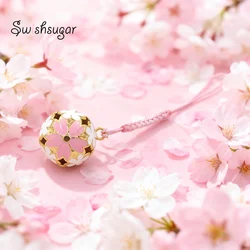 Hollow Japanese Temple Sakura Flower Jingle Bell Charm Pendant With Rope Jewelry Craft Accessories Decor