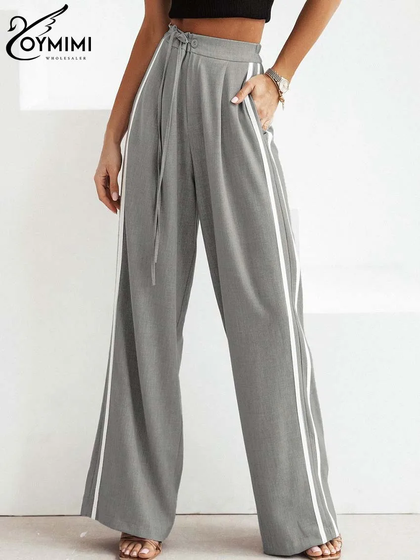 

Oymimi Fashion Grey Patchwork Women's Pants Casual High Waisted Drawstring Trousers Autumn Straight Full Length Pants Streetwear