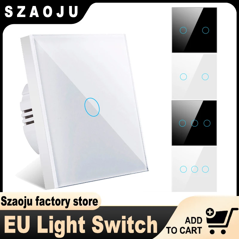 Szaoju EU Touch Switch LED Crystal Glass Panel Wall Lamp Light Switch 1/2/3 Gang AC100-240V LED Sensor Power Switch Interruttore