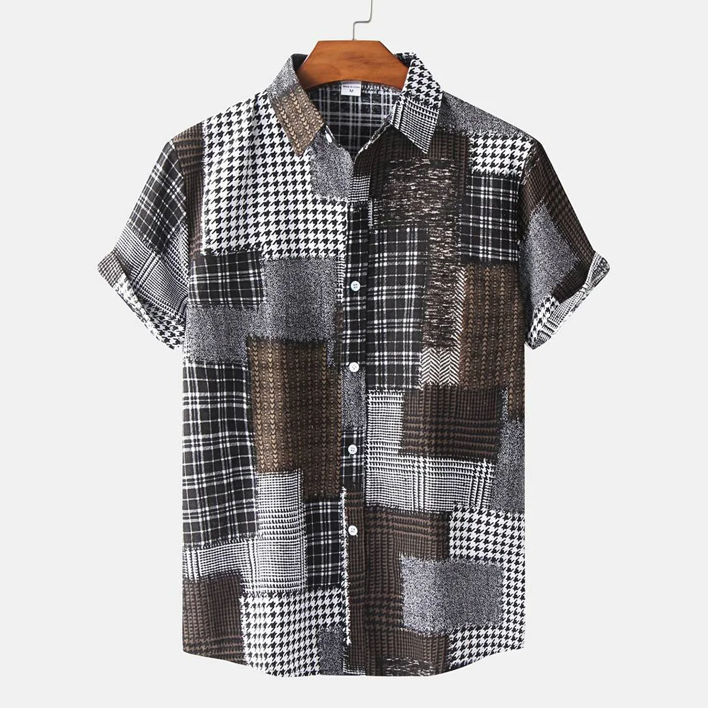 2024 New Men's Summer Short Sleeve Shirt Vintage Patchwork Printed Button Down T-Shirt Hawaii Fashion Comfortable Lapel Shirt