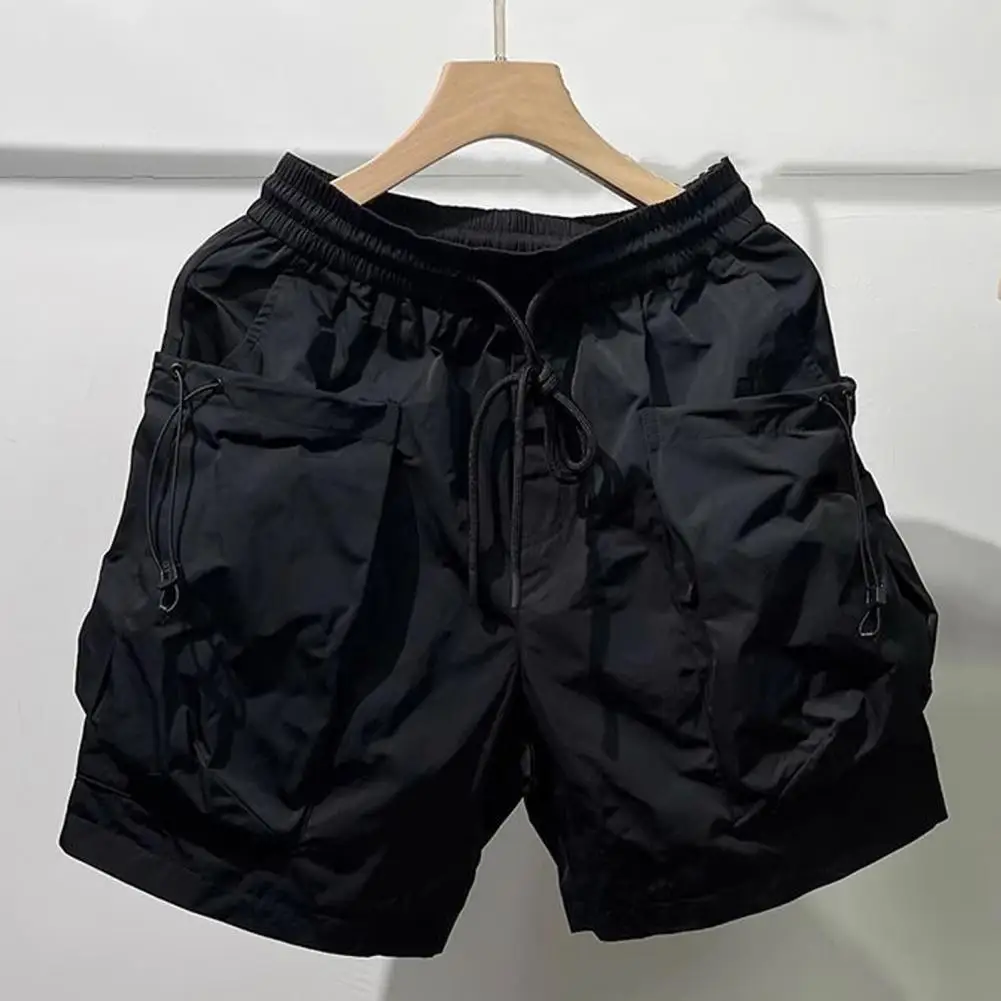 Summer Men Shorts Elastic Waist Adjustable Drawstring Cargo Shorts Thin Wide Leg Hip Hop Style Short Pants Streetwear