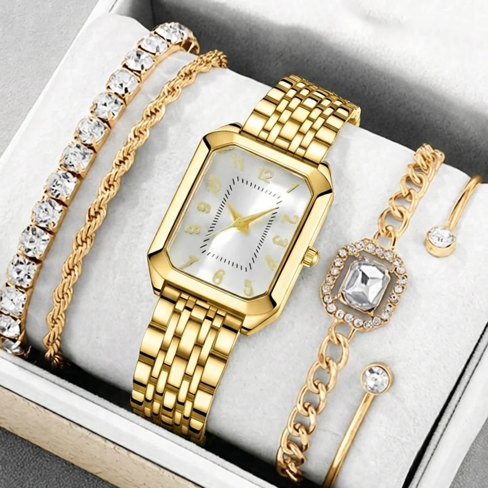 5Pcs/Set Unisex Jewelry Watches Women's Wristwatch Accessories Gold Fashion Business Elegant Classic Exquisite Retro Light Luxury Y2K Party Daily Wear Birthday Holiday Gift Vacation Perfect Gift Present