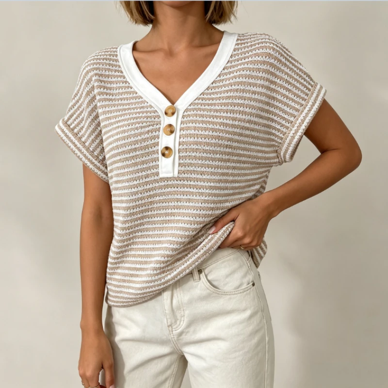 2026 Summer Knitted Splicing T-shirt V-neck Button Pullover Short-sleeved Top Fashionable Casual Loose Versatile Striped Shirt