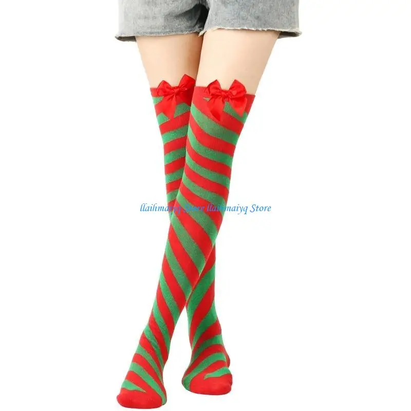 

573B Long Stocking Striped Stocking Bows Elastic Over The Knee Long Socks Accessories