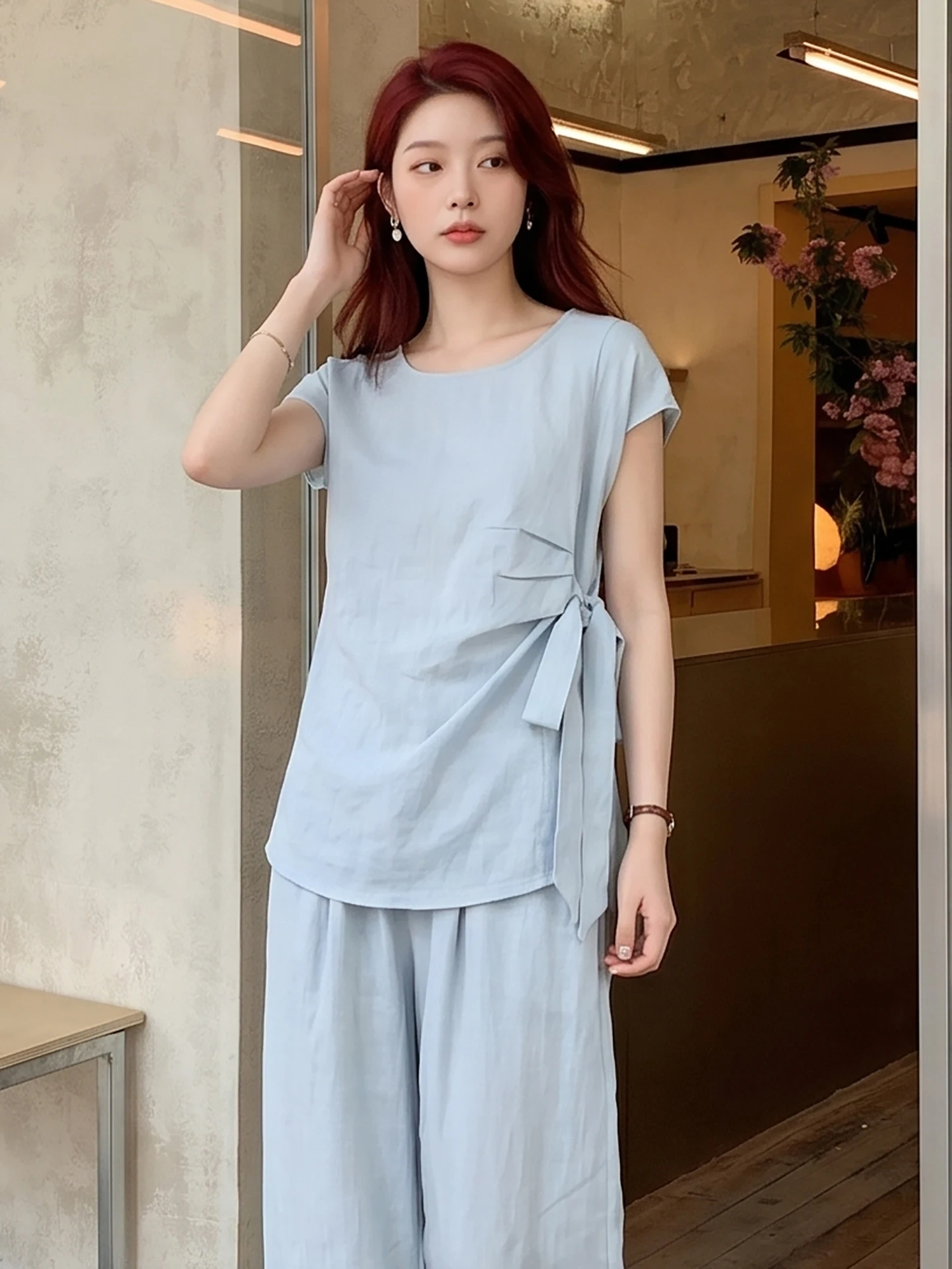 Linen Fashion Set Women's Summer 2026 New Popular Beautiful Complete Matching Thin High Waist Pants round Neck Shirt Breathable