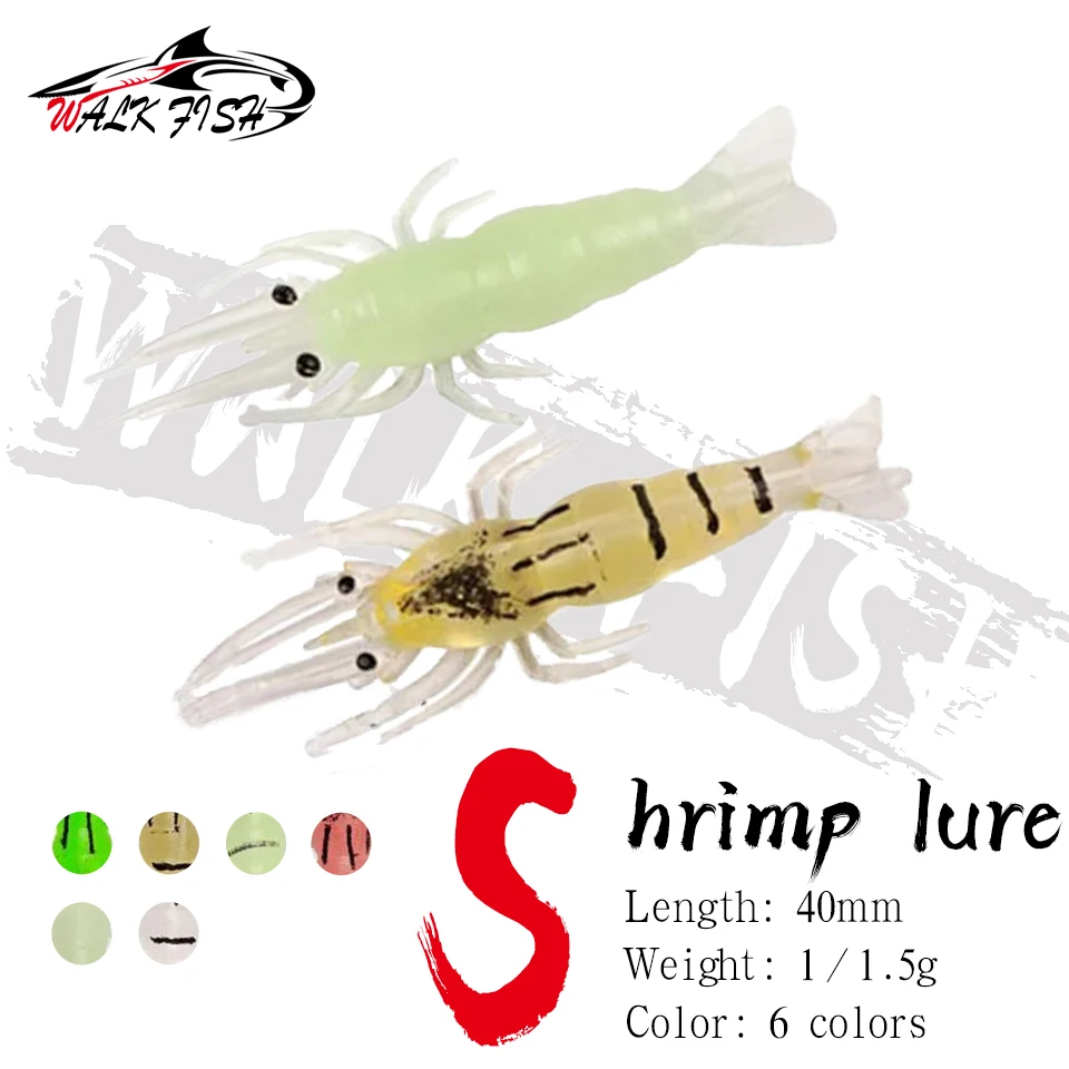 WALK FISH 6PCS 4cm Artificial Soft Shrimp Lure Hook Sharp Crankbait Lures Worm For Fishing Bait Silicone Shone Prawn Bait Pesca