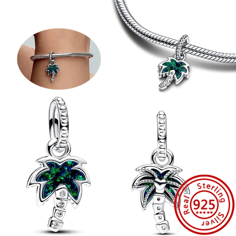 925 Silver Green Zircon Series Family Tree Four Leaf Clover Hollow Lucky Beads Fit Original Pandora Charms Bracelet DIY Jewelry