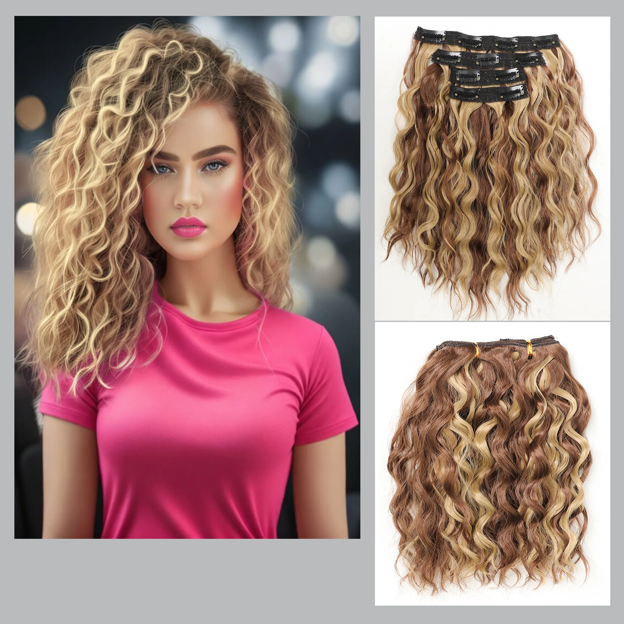 Extensões onduladas sintéticas do cabelo para mulheres, parte superior do cabelo, onda elegante, rolo curto, rabos de cavalo, 12"