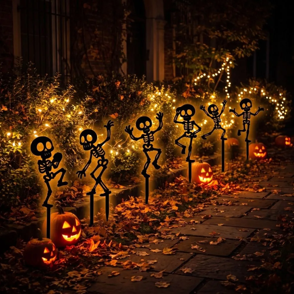 Skull Halloween Decorations Dancing Skeleton Acrylic Bone Dancer Yard Stake Hollow Out Gothic Style Garden Stake Decorations