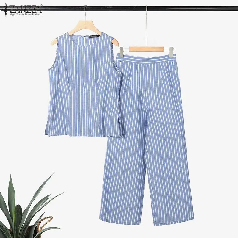 

Модный элегантный женский брючный костюм ZANZEA 2026: топ без рукавов и брюки с широкими штанинами, офисный стиль, 2 предмета, винтажный полосатый комплект из 2 предметов