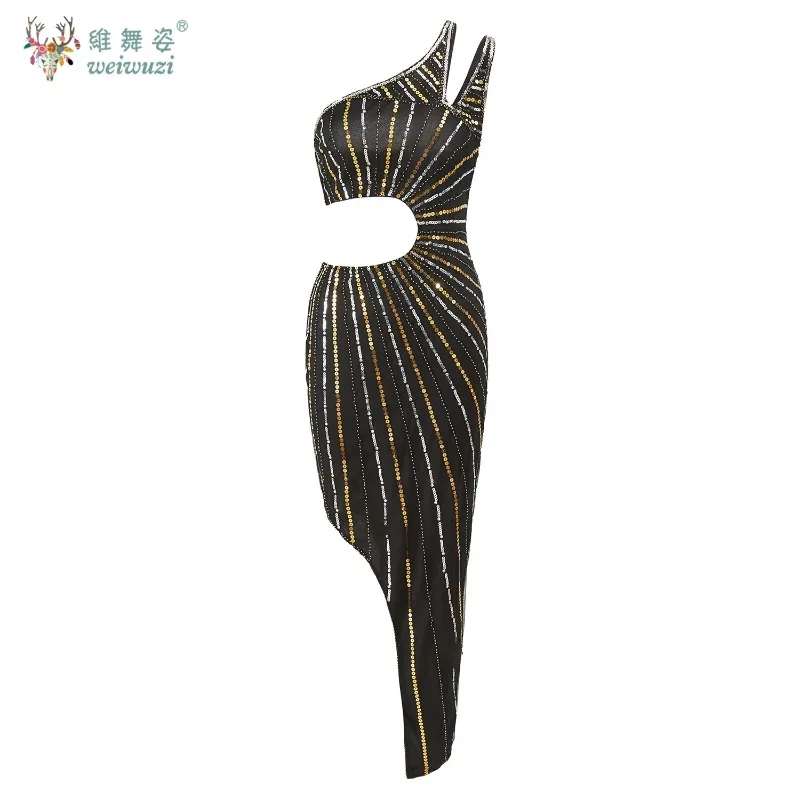 여성을위한 럭셔리 반짝 이는 저녁 파티 드레스 한 어깨 민소매 라인 석 높은 분할 불규칙 드레스 생일 연회