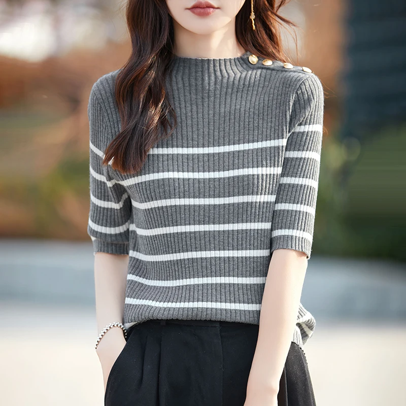 Summer New Knitted Woolen Sweater Women's Round Neck Middle Sleeve Fine Lmitation Wool Button Style Stripe Spliced Short Sleeve