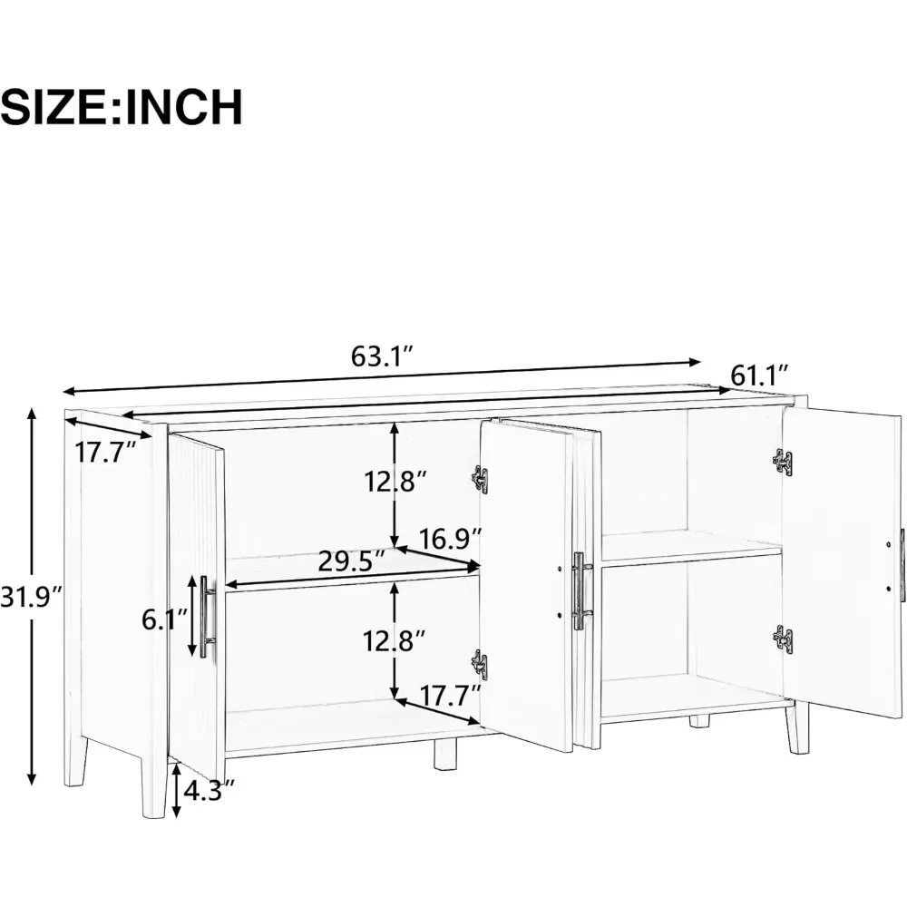 Lockers, sideboard buffet cabinets with recesses, doors and gold handles, wooden modern sideboard decorative cabinets