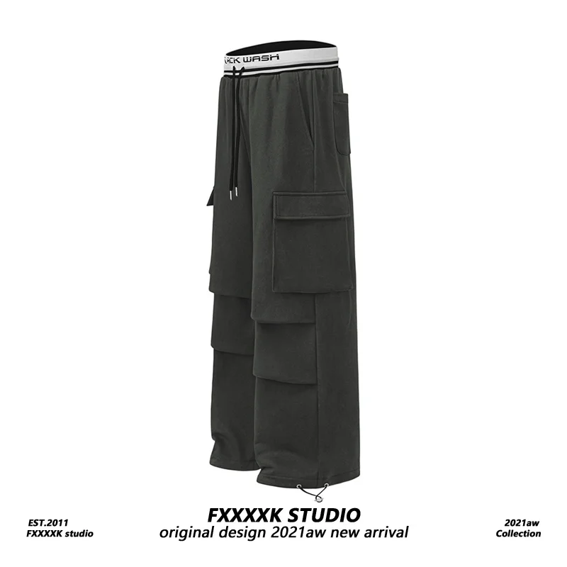 

FXK Original American Retro Cotton Leisure Pants with Big kets Men's Wide Leg Workwear Trousers Sweatpants