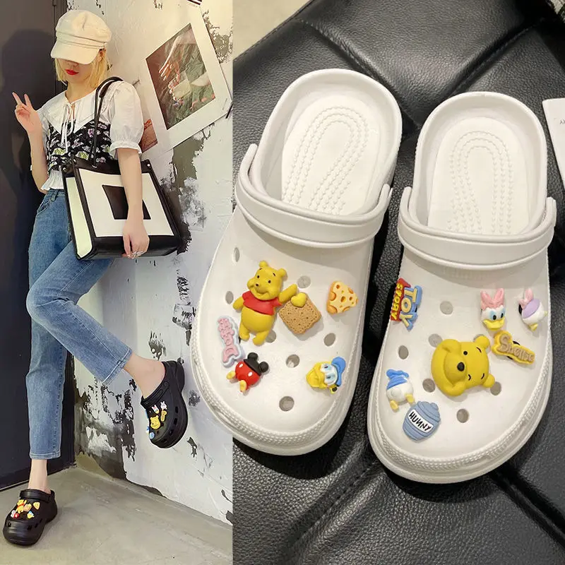 

Disney Винни-Пух, увеличивающая рост обувь с отверстиями, женская новая милая универсальная пляжная обувь с героями мультфильмов, модные удобные тапочки