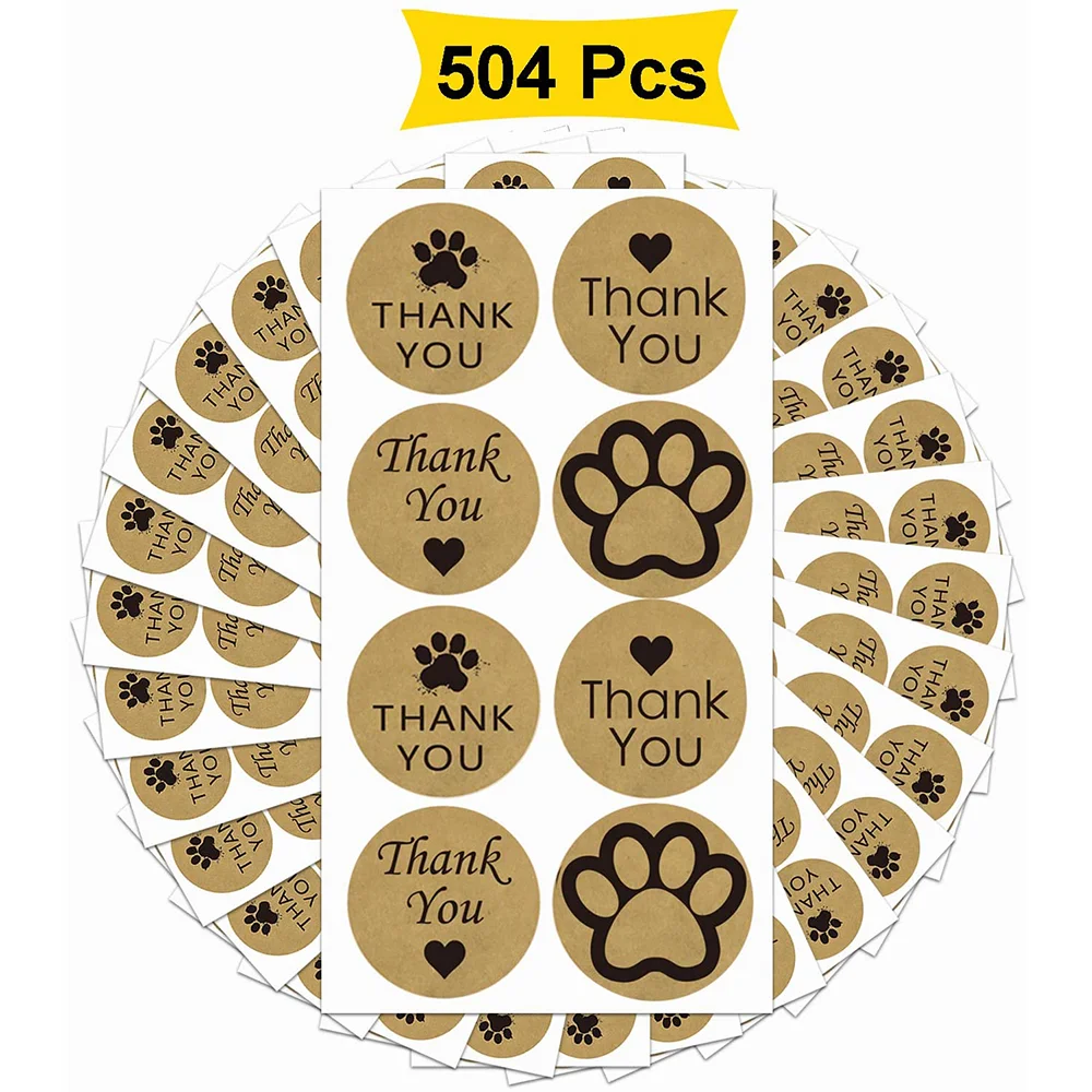 

504Pcs Kraft Paw Print Thank You Stickers 1.5 Inch Dog Paw Print Round Thank You Labels Kraft Thank You Stickers for Gifts