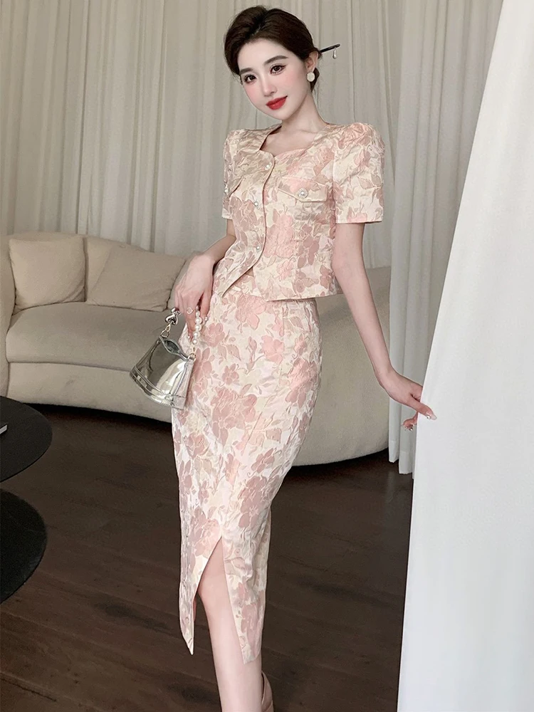 Small Fragrance Two Piece Set Women Print Puff Sleeve Shirt Crop Top + Long Skirt Suits French Vintage 2 Piece Set