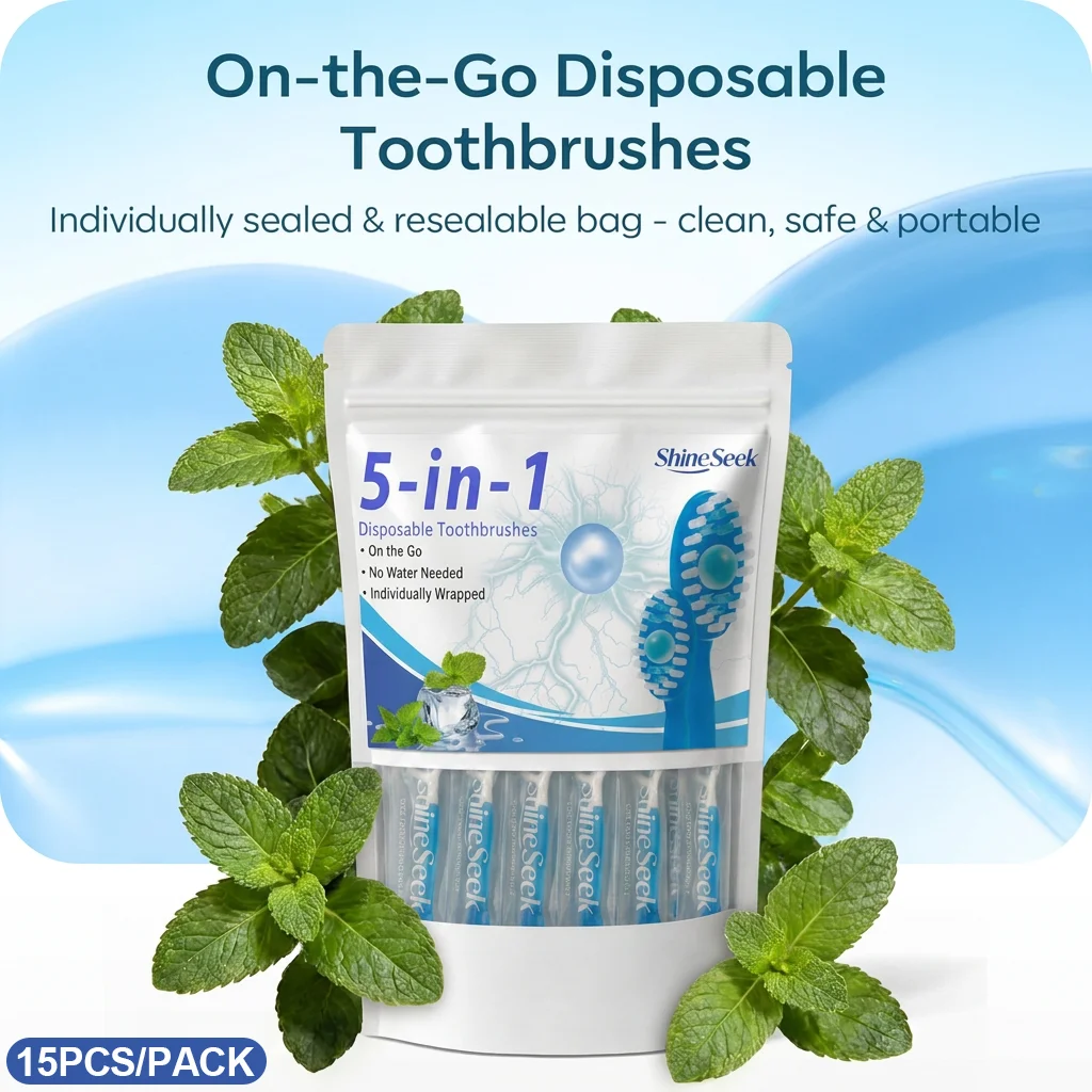 15Pcs Travel Set, Shiny Blue Five-In-One Multifunctional Toothbrush for Oral Care, Refreshing Mint Flavor, Includes Freshening Beads + Toothbrush Head + Dental Floss + Interdental Cleaning Stick + Tongue Scraper, Convenient and Soft, Teeth Cleaning and Care, Fresh Breath Anytime, Anywhere |   Travel Essentials |   Individually Packaged |   Mint |   Travel Toothbrush, Giving You an Unprecedentedly Comfortable Experience!