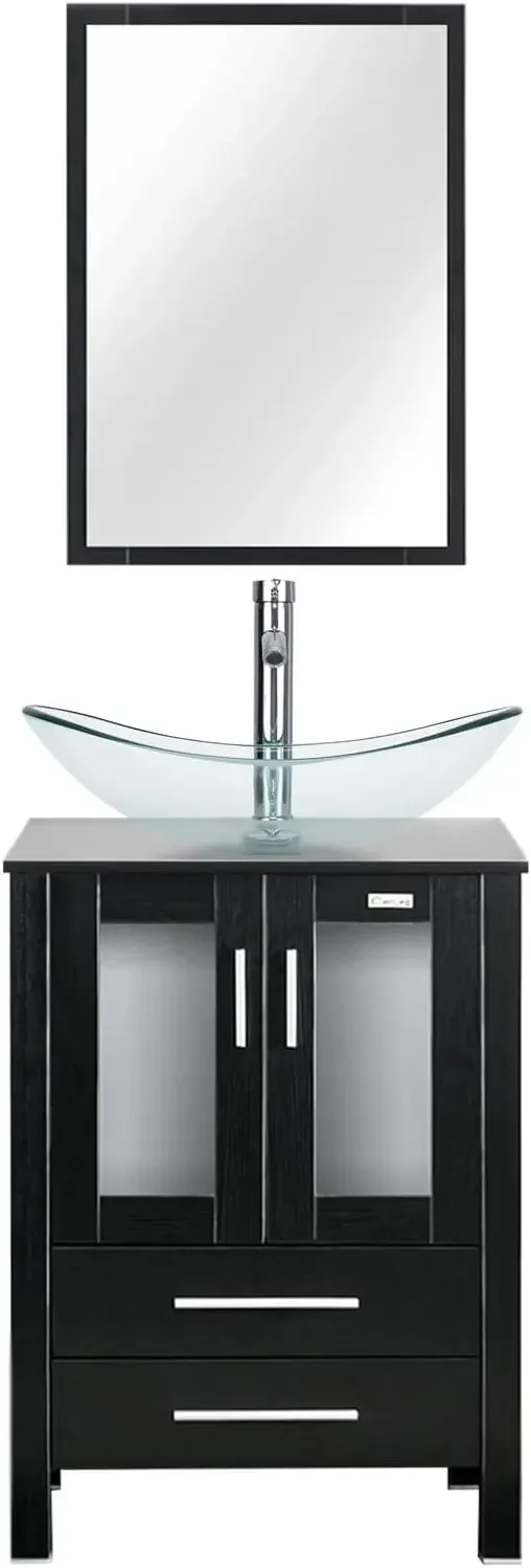 Freestanding Modern Bathroom Vanity Combo Cabinet Soft Closing Door Clear Boat Glass Vessel Sink Water Save Faucet Drain