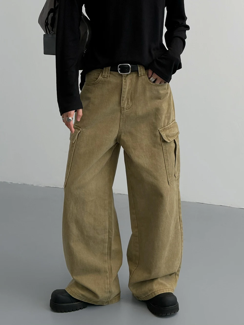 Calças Jeans Casuais de Corte Reto em Khaki para Homens e Mulheres, Estilo Workwear, Jeans de Algodão de Cintura Alta e Média...
