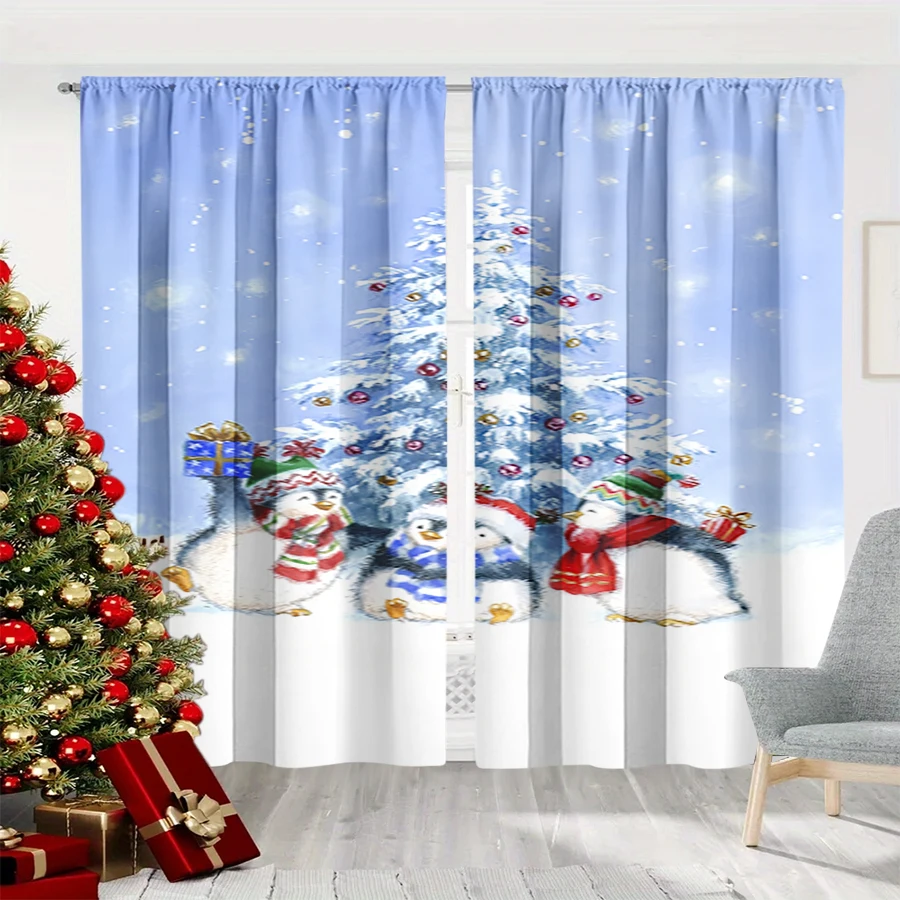 2PCS Christmas Winter Curtains, Cute Penguin Snowy Tree Gift Blue Winter, Digital Print, Bedroom Living Room, Home Decor