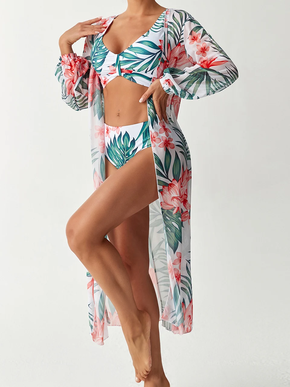 3-teiliger Bikini mit hoher Taille und Kimono-Badebekleidung 2026 Damen bedruckter Badeanzug weibliche Badegäste Baden Schwimmen Badeanzug Beachwear