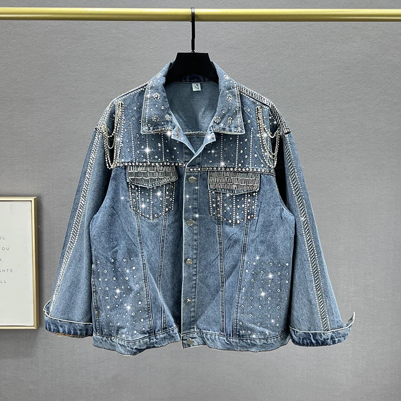 

High Street Denim Jacket for Women 2024 Spring Autumn New Loose Exquisite Rhinestone Tassel Long Sleeve Jacket Top Female