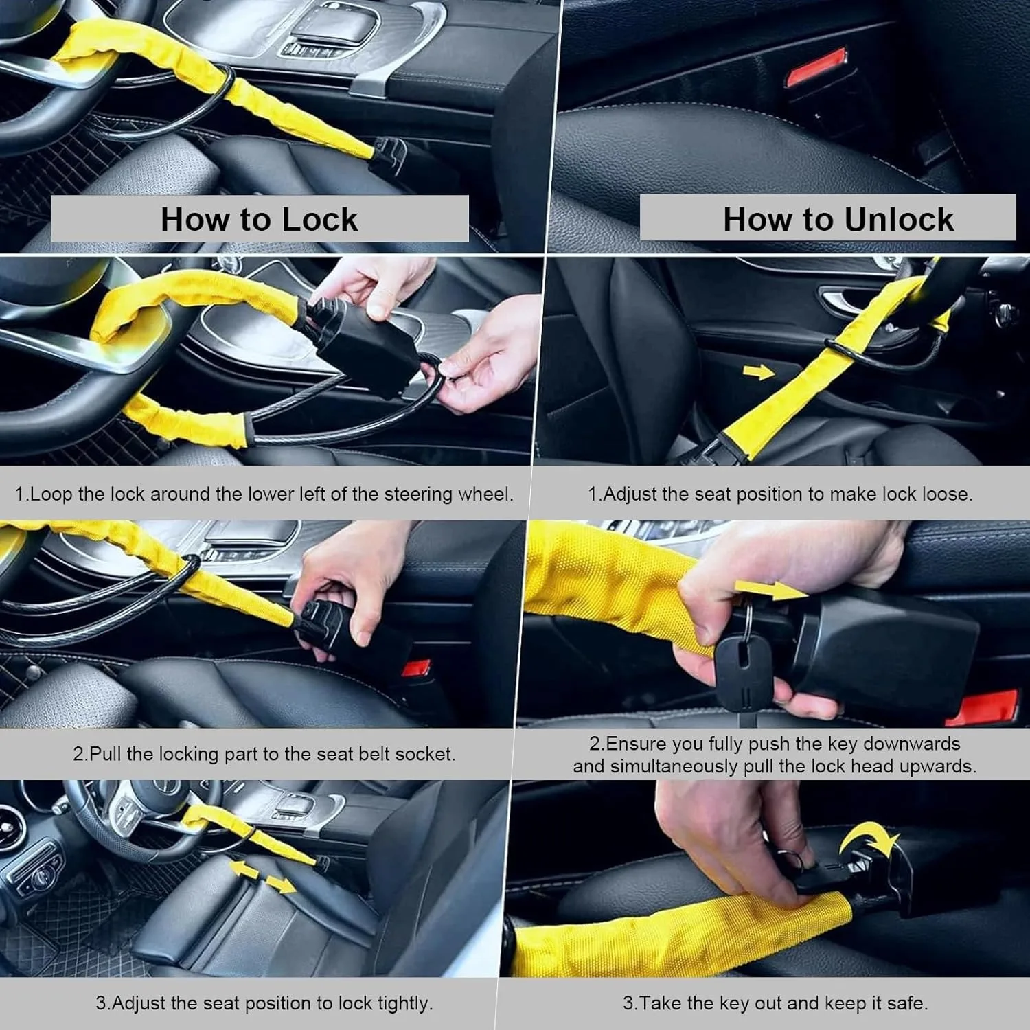 Steering wheel lock universal fit demonstration on SUV steering wheel