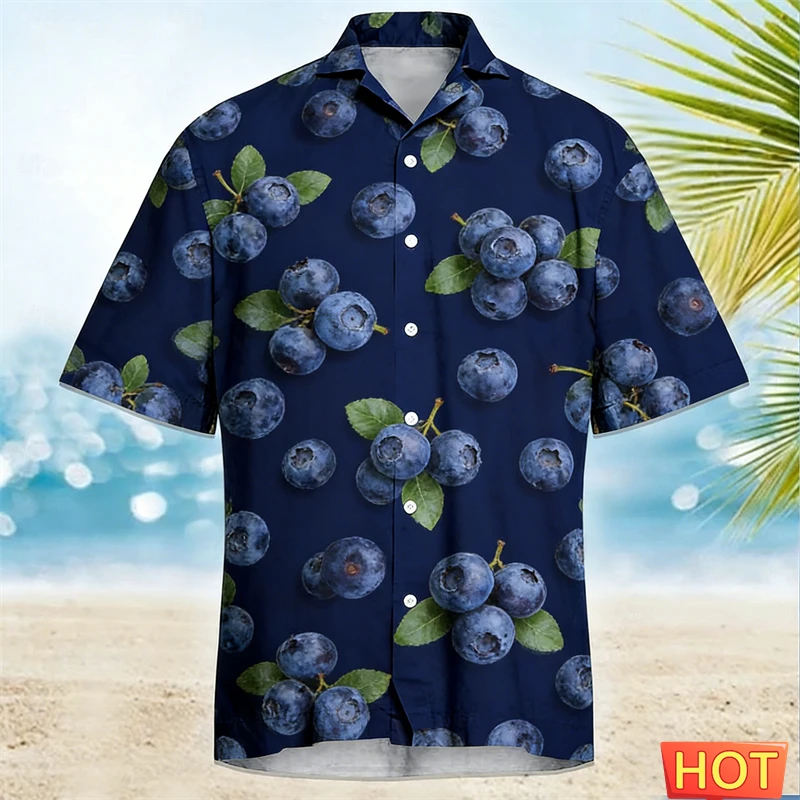 

Мужская забавная гавайская рубашка с ярким принтом фруктов (арбуз, клубника, банан), мультяшный дизайн, короткий рукав, на пуговицах, летняя блузка