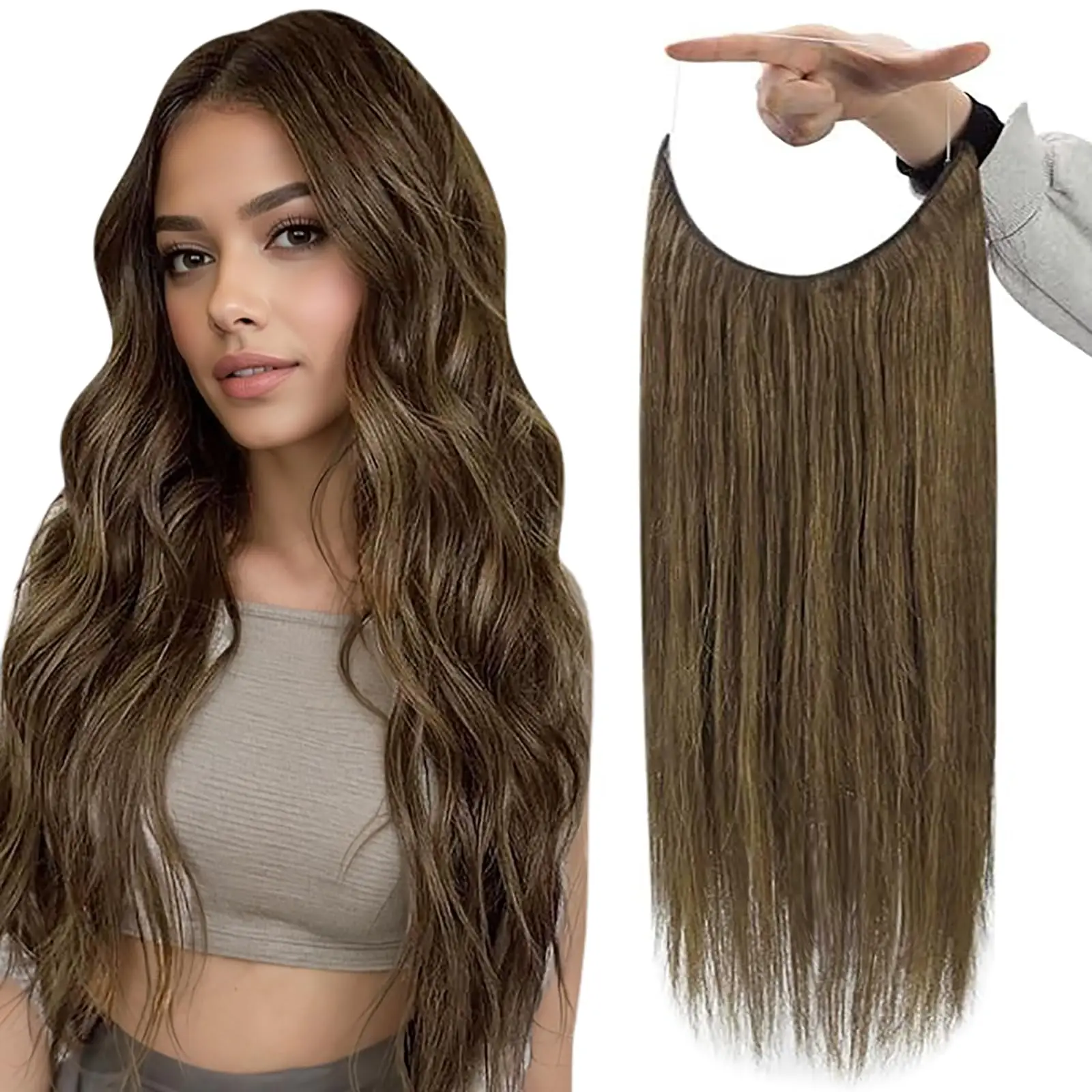 One Piece Fish Line Extensions 100% Human Hair 12-26 inch #5 For Light Brown Hair Top Coverage