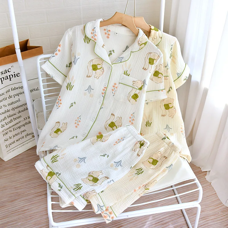 Pajamas Women's Summer Cotton Short Sleeve Shorts New Large Outwear Home Furnishing Set Loose Casual Simple Style Printing Lapel