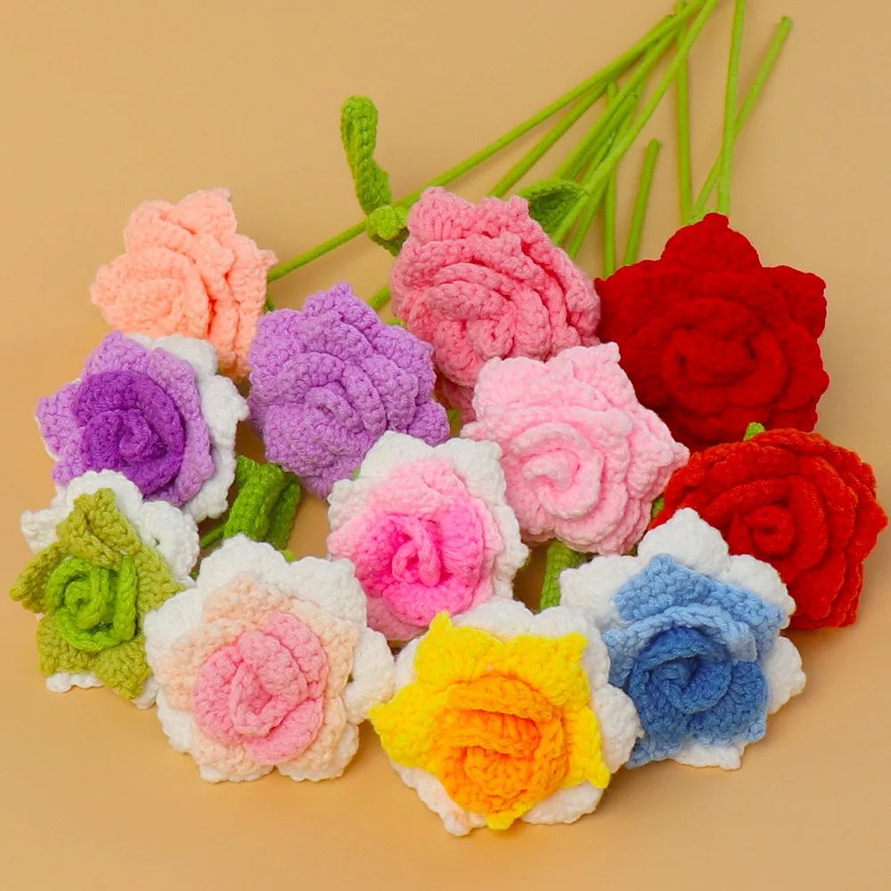 

10pcs Handmade Crochet Pointed Petal Rose Flower - Artificial Knitted Floral Bouquet Craft Gift for Home Decor