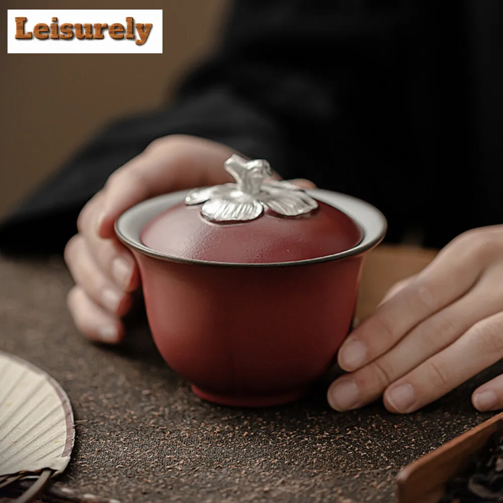 160ml Handmade Zhiye Braised Ceramic Gaiwan Persimmon Red Ruyi Tea Tureen Household Tea Making Cover Bowl Tea Services Craft