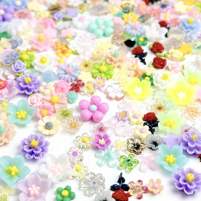 100Pcs Acrylic Flowers Nail Charms Random Mixed Resin Floral Rose 3D Nail Art Decoration Manicure Moon Heart Pearl Nail Jewelry