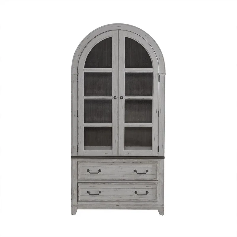 

American retro solid wood arched dining side cabinet living room oak double door display glass bookcase