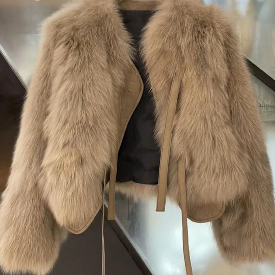 

2025 Autumn New Fur Coat Women's Casual Fashion Short Korean Version Versatile Lace Up Loose Top Women's Solid Color Versatile S