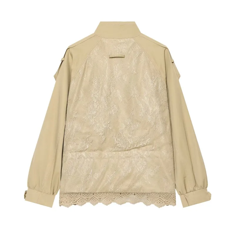 Womens Lace Patchwork Cargo Jacket, Stand Collar Button Front Long Sleeve Coat, Ins Fashion Hollow Back Casual Outerwear