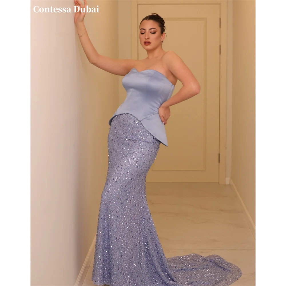 

Contessa Custom Light Blue Sweetheart Evening Dress Satin Corset Prom Dresses Sequin Vestidos De Noche Mermaid Formal Evening