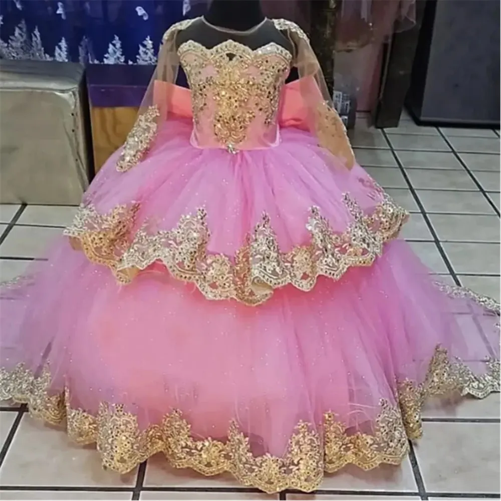 

Luxury Flower Girl Wedding Dress Appliques Lace Long Sleeve Big Bow Dress Princess Birthday Prom Party Kids Pageant Dress