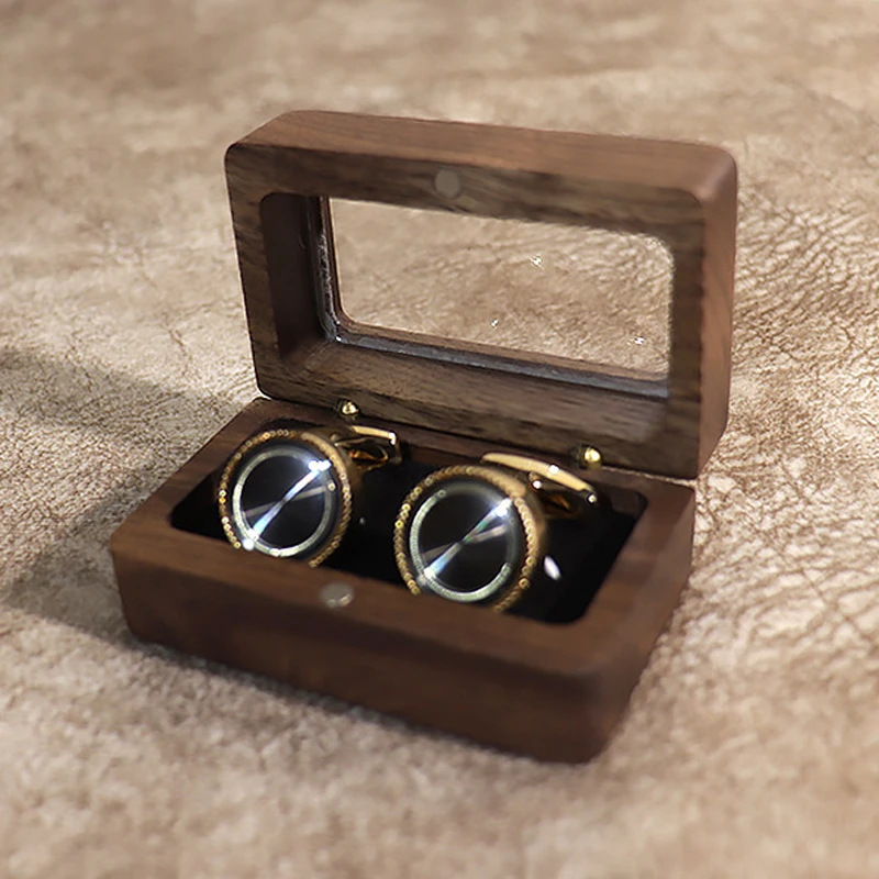 Solid Wood Black Walnut Window Exquisite Cufflink Box Sleeve Nails French Cufflink Collar Clip Box Package Gift Box